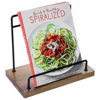 MyGift Premium Acacia Wood and Matte Black Metal Cookbook Stand – Rustic Kitchen Countertop Book Holder Rack for Recipes, Tablets, Cutting Boards