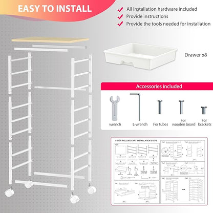Goovilla Rolling Cart with Drawers, Utility Cart Organizer With 8 Removable Drawers and Wooden Tabletop, Lockable Rolling Storage Organizer for Art, Classroom, Home, Dorm, Office, Craft Storage, White