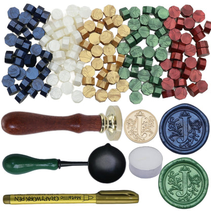 Initial Alphabet Wax Seal Stamp Kit, Retro Letter Sealing Stamp with 150Pcs Sealing Wax Beads Spoon Pen Set for Wedding Invitations Cards Envelopes (J)