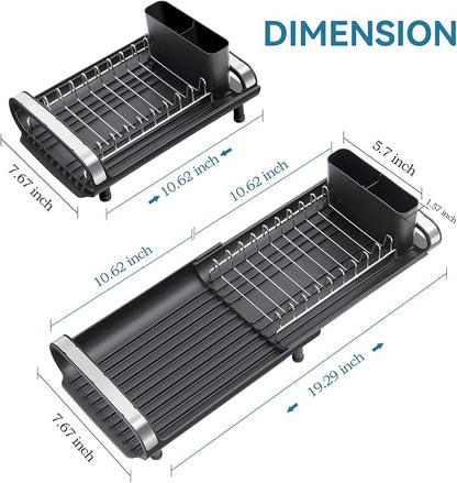 Small Dish Drying Rack, Mini Expandable Compact Dish Rack, Slim Extendable Stainless Steel Dish Drainer for Kitchen Plate Storage, Space Saving Dish Strainer in Sink or on Home Countertop, Black