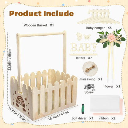 KYNUG Wooden Baby Shower Crate Closet With Hanger Rack, Wooden Baskets for Baby Shower With Handle Girl Welcome Box Personalized Baby Gifts Crates - Easy Assembly (Girl)