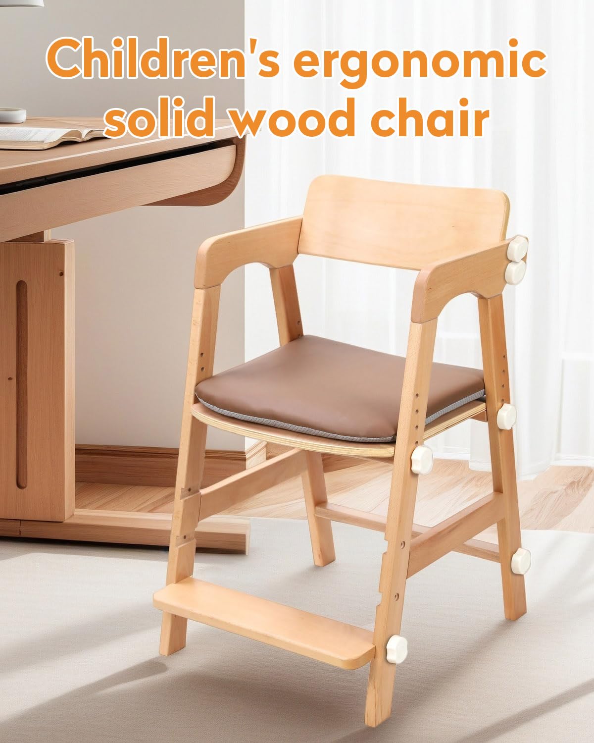 Wooden High Chair for Teens with Adjustable Seat, Backrest & Footrest