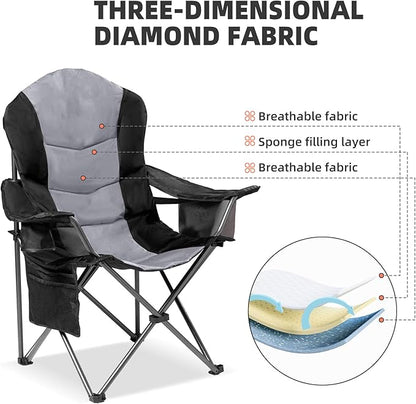 2 Pack Folding Camping Chairs for Adults - High Back Padded Outdoor Lawn Chairs with Lumbar Support & Cup Holder, 400lbs Heavy Duty Portable Camping Chairs Set (Black & Light Gray)