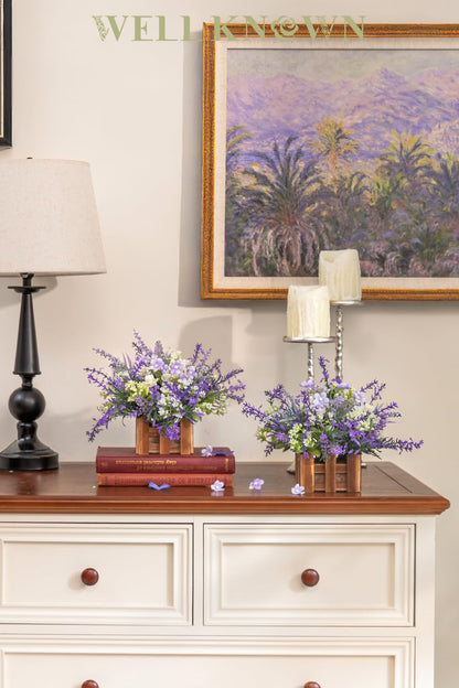 WELL KNOWN Artificial Lavender Plants in Wooden Baskets, Artificial Mini White Flower Arrangement in Planter for Home Hotel Office Table Wedding Centerpieces & Gift(Set of 2)