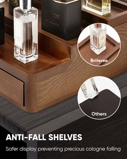 BRITEREE Cologne Organizer for Men, 3 Tier Wooden Cologne Stand with Drawer Storage and Hidden Compartment, Perfume Display Holder for Dresser, Great Gifts for Him Dad Fathers, Brown