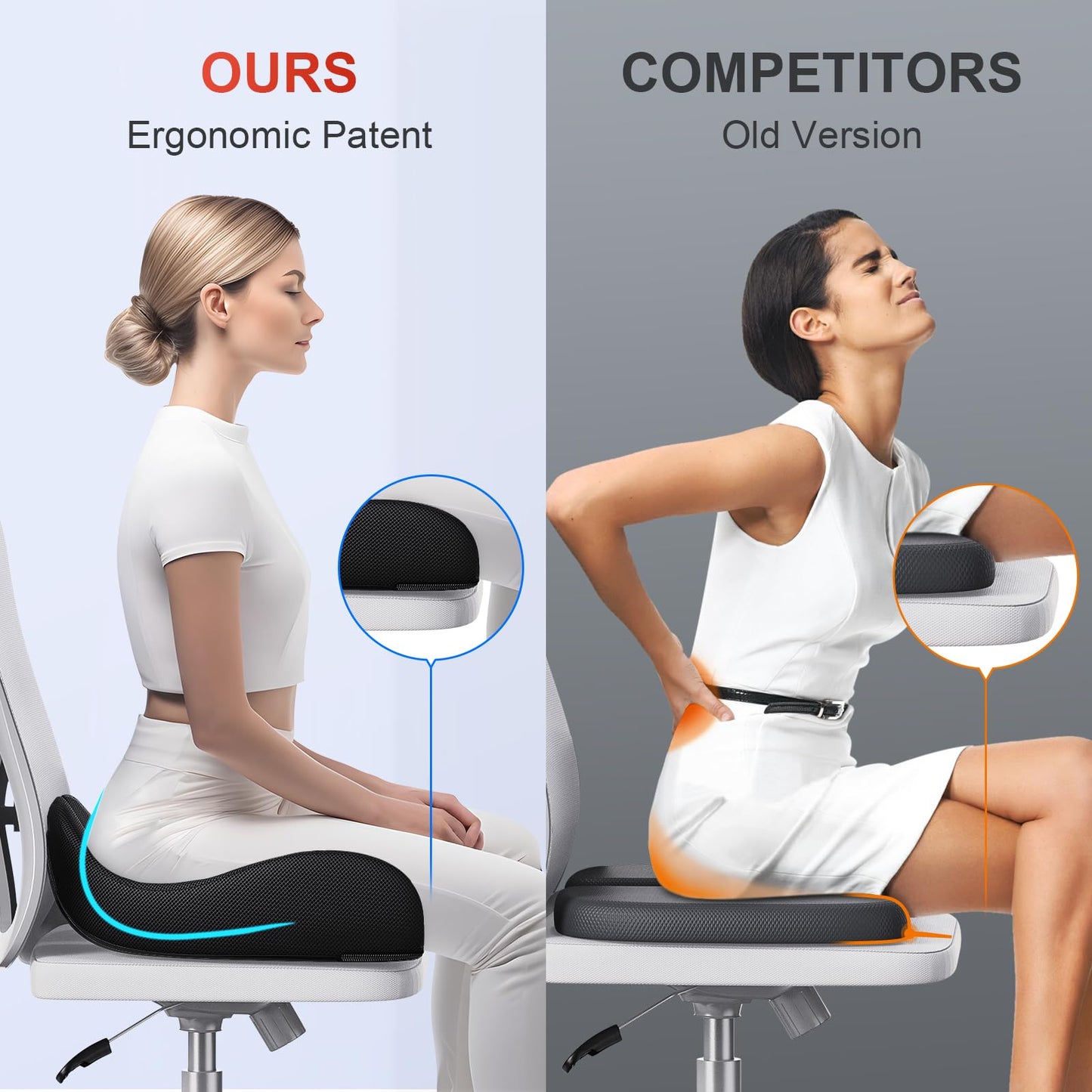 Benazcap X Large Memory Seat Cushion for Office Chair Ergonomic Cushions Butt Pillow for Pressure Relief Sciatica & Pain Relief Memory Foam for Long Sitting for Gaming Chair and Car Seat