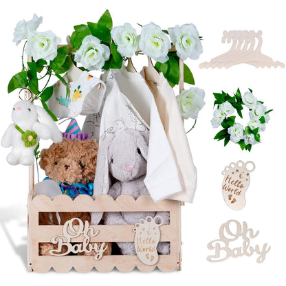 efluky Wooden Baby Shower Crate Closet with Handle,Storage Basket,Baby Clothes Hangers, Newborn Boy Girl Welcome Gift Basket