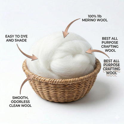 1 lb Merino Wool Roving Bulk 25 Micron, for Needle & Wet Felting, Hand Spinning Soft Chunky Jumbo|100% Natural Undyed (Off-White) Wool Yarn, Core, Combed Stuffing Clean carded