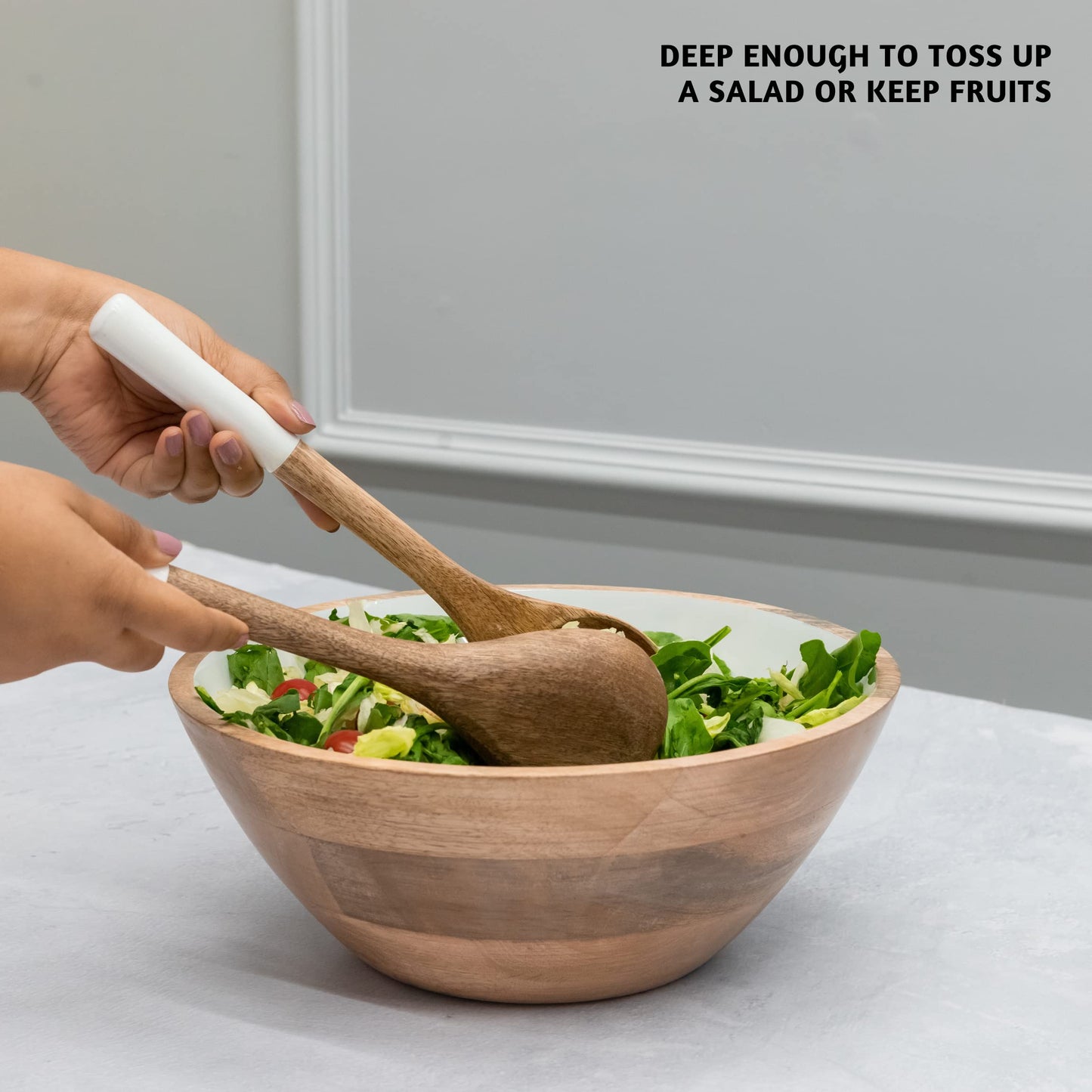 Folkulture Salad Bowls or Wooden Bowls with Salad Servers, Large Serving Bowl or Fruit Bowl, Wooden Salad Bowl Set for Mixing or Tossing, 12" D x 5" H, Mango Wood, White