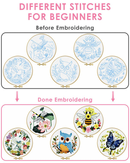 TINDTOP Embroidery Kit for Beginners Adult, Owl Embroidery Kit for Beginners Include Embroidery Cloth Hoops Threads for Craft Lover Hand Stitch with Embroidery Skill Techniques