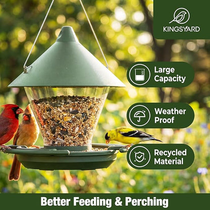 Kingsyard Wild Bird Feeder for Outdoors Hanging, No-Waste Tray with Seed Guard & Circular Perch, Garden Yard for Cardinal Finch, 4 lb Large Capacity, Green