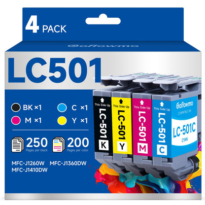 LC501 Ink Cartridges for Brother Printer LC 501 LC501XL 501XL Inks Cartridge Compatible for Brother MFC-J1360DW MFCJ1360DW MFC-J1410DW MFC-J1260DW Series Printer (4-Pack, Black Cyan Magenta Yellow)
