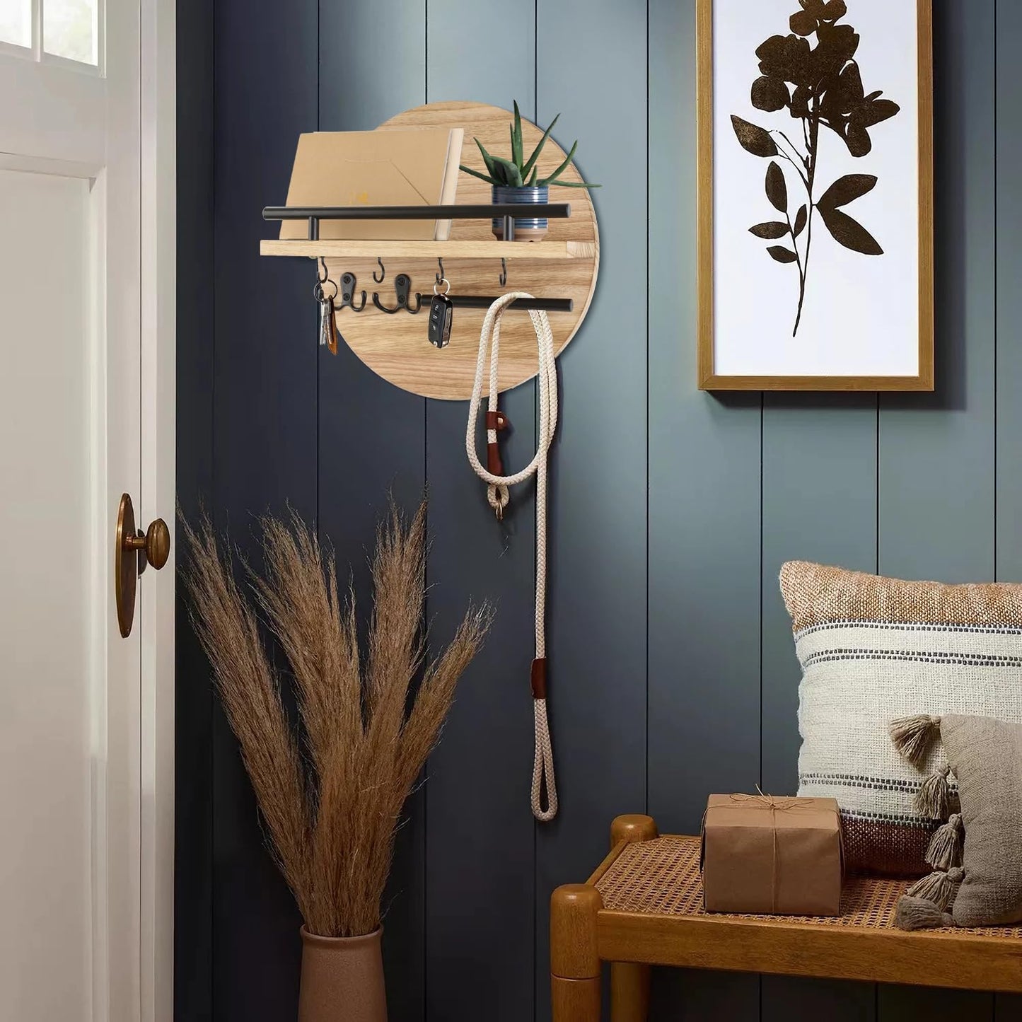 Gurfuy Key Holder for Wall with Shelf - Wood Mail Organizer and Rack with Shelf Hooks Wall Mounted for Entryway Decor Magazines Letter Storage Farmhouse Living Room Bedroom Doorway (Nature)