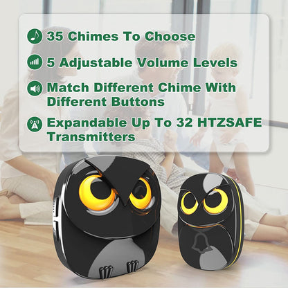 Wireless Doorbell, Cute Owl Doorbell Weatherproof IP55 Outdoor Remote Push Button- 1000 Feet Long Wireless Range, 1 Receiver + 1 Transmitter, Black