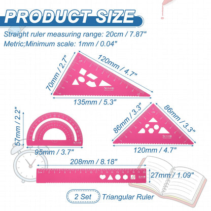 HARFINGTON 8pcs Triangular Ruler Set 20cm Aluminum Alloy Straight Geometric Protractor Triangle Engineering Scale Drafting Ruler Kit Measuring Drawing Tool for Classroom Office Home, Pink