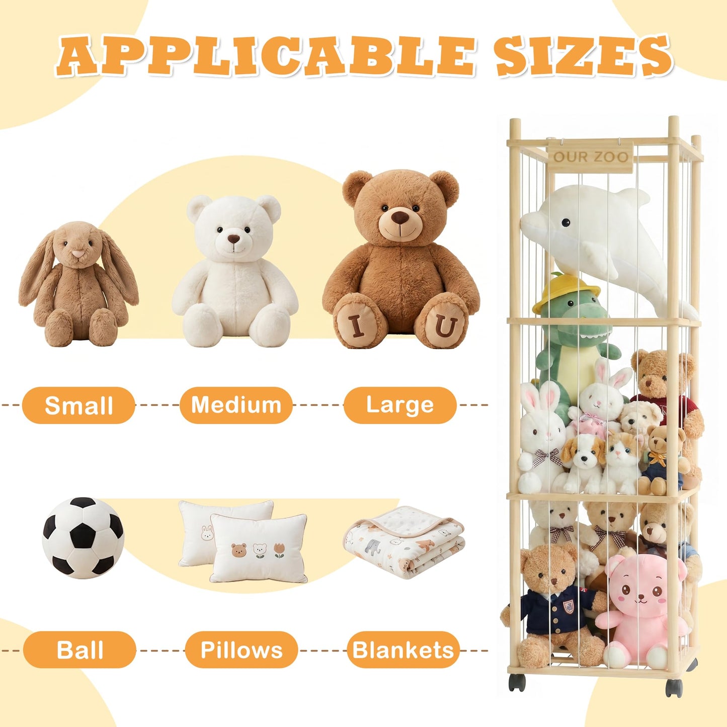 Stuffed Animal Storage Organizer Zoo Tower, Large Wooden Plush Toy Organizer & Holder with Elastic Cords & Brake, Plushies Storage for Playroom Bedroom Nursery, Natural Solid Wood, Easy Assembly