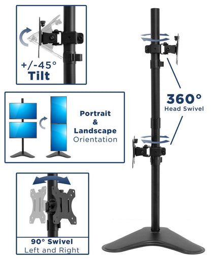 Mount-It! Vertical Dual Monitor Stand, Stacked Desk Mount Fits Two 13–32 Inch Screens up to 17.6 lbs Each, Height Adjustable Free Standing Pole with Tilt Swivel Rotate, Ergonomic VESA Riser, Black