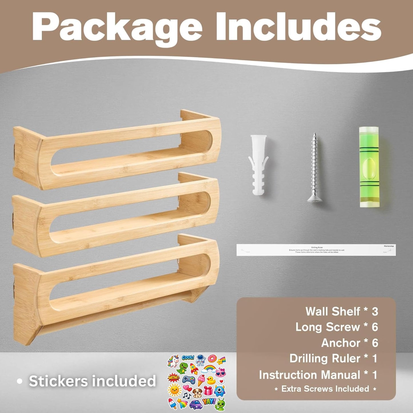 Homewisp Nursery Shelves for Wall, Premium Bamboo Wood, Fully Assembled - Nursery Book Shelves, Book Shelf for Kids Rooms, Multi-Use Floating Shelves for Wall, Set of 3 (Natural, 16.5 Inches)