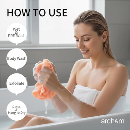 ARCH&M Exfoliating Shower Towel Japanese & Korean-Style, 35-Inch, 3 Pack | Textured Nylon, Back Scrubber for Shower, Smoother Skin, For Rough, Bumpy & Ingrown Hair Prone Skin, Daily Use, Quick-Dry