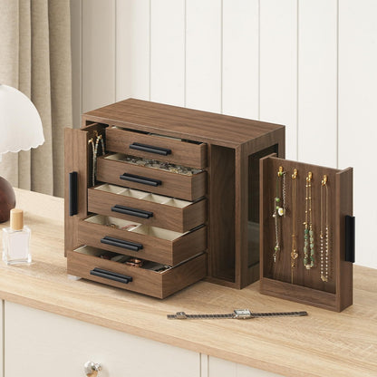 HOOBRO 5-Tier Jewelry Box, Wooden Jewelry Organizer with Transparent Windows and 360° Rotating Jewelry Box, Wooden Jewelry Organizer Bundle, BH19JB04-BH30JB04