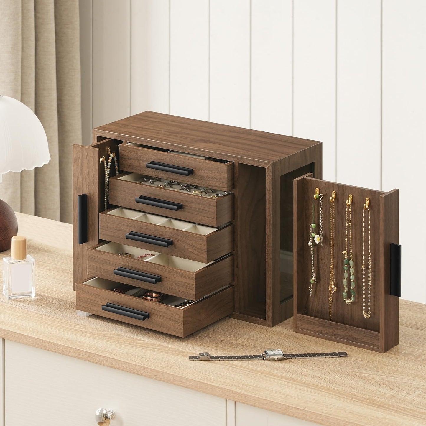 HOOBRO 5-Tier Jewelry Box, Wooden Jewelry Organizer with Transparent Windows and 360° Rotating Jewelry Box with Mirror, Jewelry Organizer with 4 Drawers Bundle, BH19JB04-BH31JB04