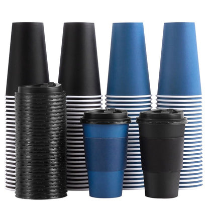 SIUQ 100 Pack 16 oz Disposable Coffee Cups with Lids and Sleeves, To Go Paper Cups, Hot & Cold Drinking Cups for Tea, Coffee, Water, Hot Chocolate, Paper Coffee Cups Ideal for Home,Cafes,Store