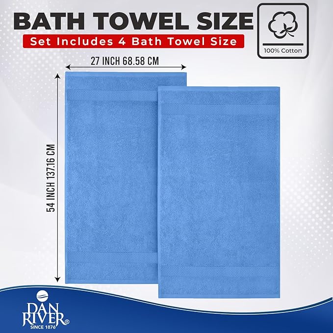 DAN RIVER Bath Towels Set of 4, 27 x 54 Inches, 100% Cotton, Larger & Lighter