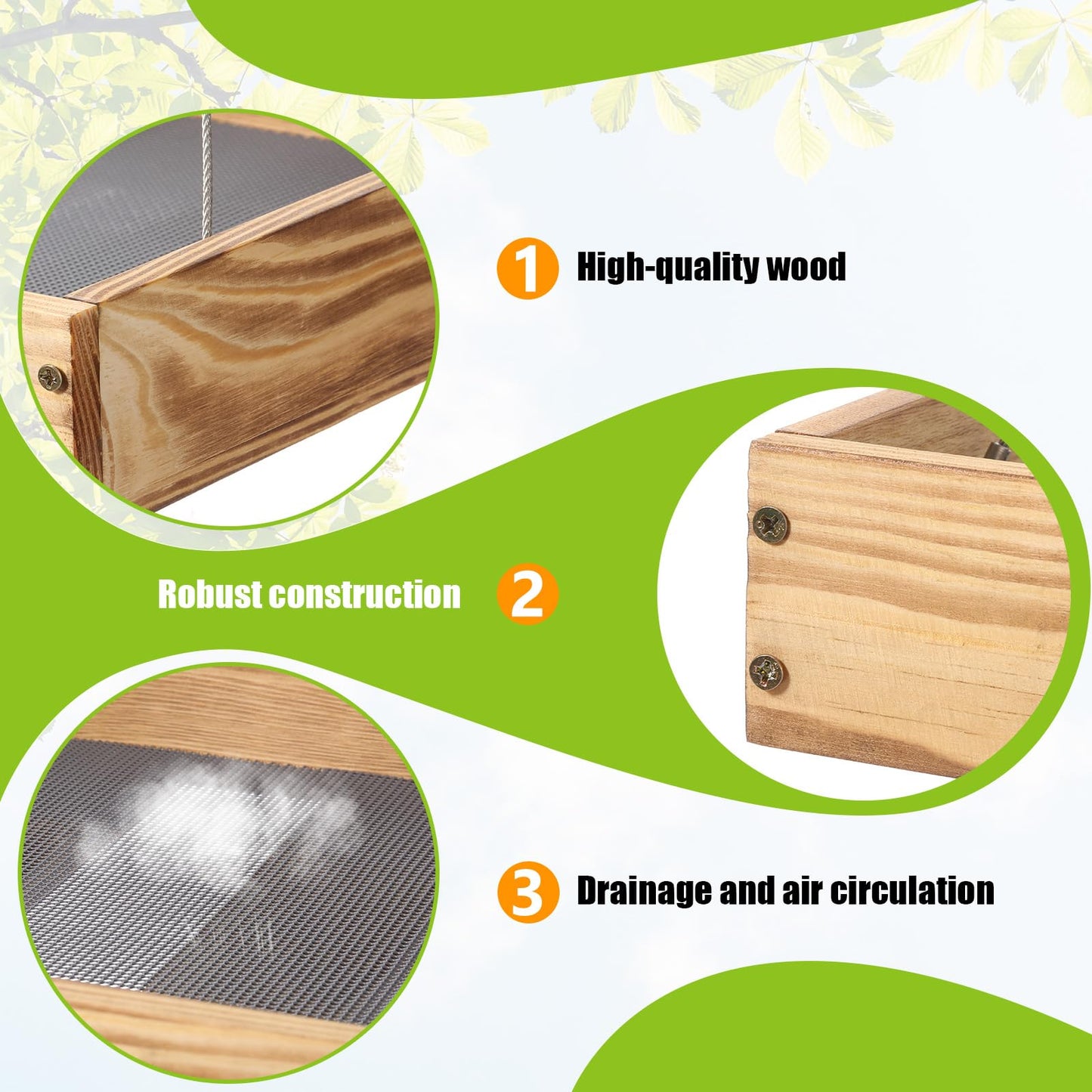 DoubleFill 2 Pcs Wooden Platform Bird Feeder Tray for Outdoor Hanging Bird Feeder with Mesh Tray for Wild Birdfeeding Mealworm Outside Garden Backyard