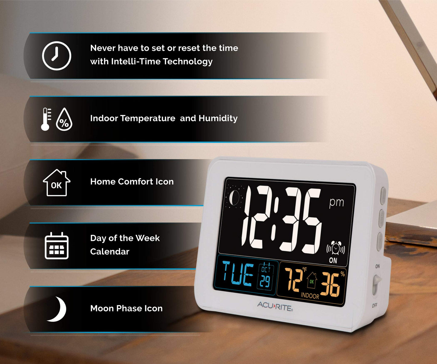 AcuRite Intelli-Time Digital Alarm Clock for Bedroom with USB Charger, Indoor Temperature and Humidity for Heavy Sleepers (13040CA)
