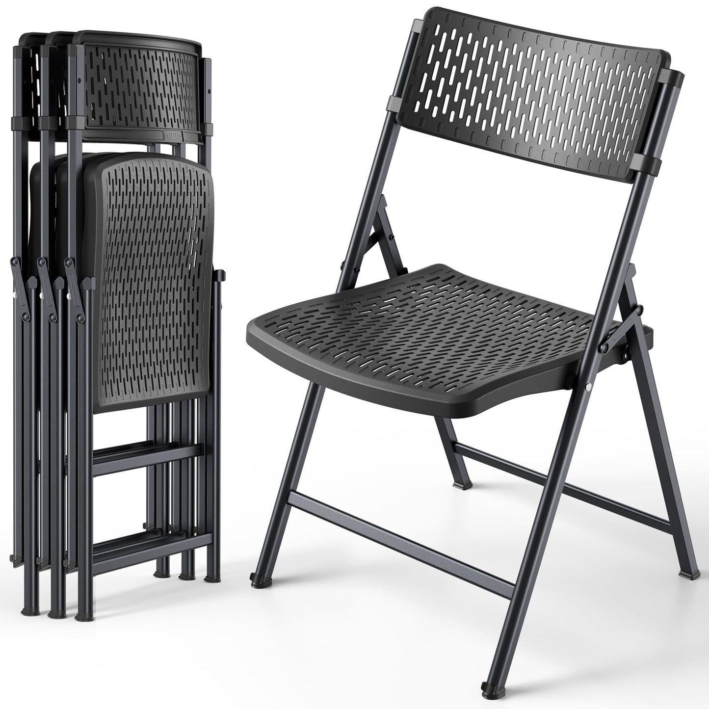 Folding Chair 4 Pack, Foldable Portable Chair with Breathable Molded Plastic Mesh Back & Seat, Sturdy Metal Frame Support up to 400lbs, Indoor Outdoor Foldable Chair for Party,Dinnig,Events,Black