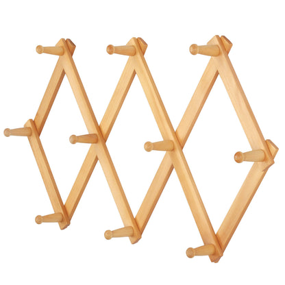 Dseap Accordian Wall Hanger: 16” High Wooden Wall Expandable Coat Rack, Hat Rack Holder, Accordion Hook for Baseball Caps, Coats, Mugs, 10 Peg Hooks, Natural