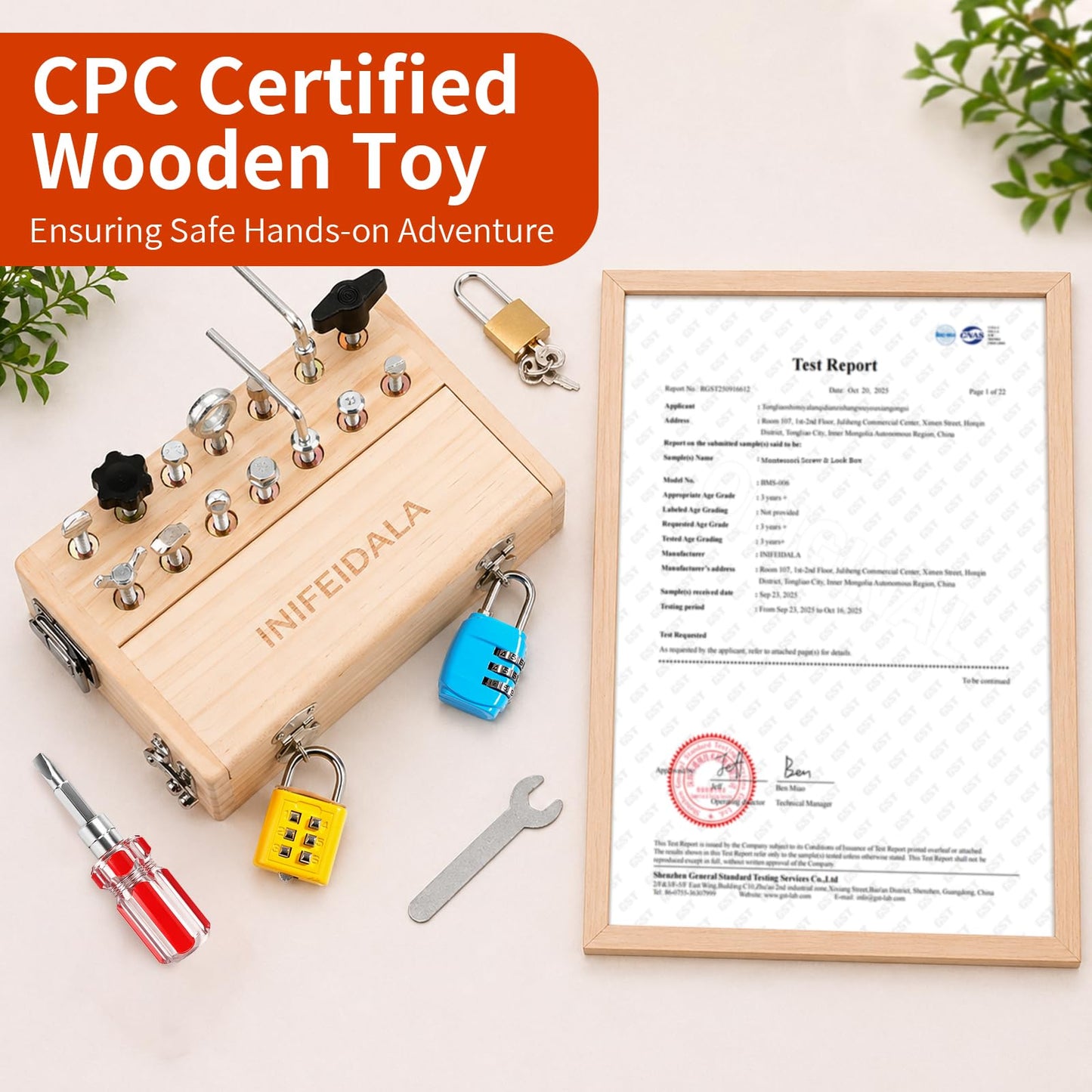 INIFEIDALA Montessori Busy Board for Toddlers 3-5,Wooden Sensory Toy with Locks,Latches & Screwdriver Set, Fine Motor Skills Learning Toy for Travel,Quiet Play & Preschool Activities