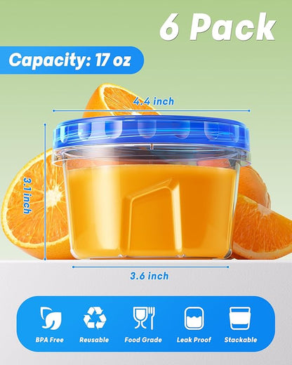 6 Pack-17oz Freezer Storage Containers, Plastic Food Storage Containers