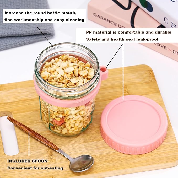 Glass Overnight Oat Containers with Lids & Spoons 10 oz Clear Mason Overnight Oats Jars with Measurement Marks Airtight Leak-Proof Cereal, Milk, Vegetable and fruit Salad Storage Container 2 Packs