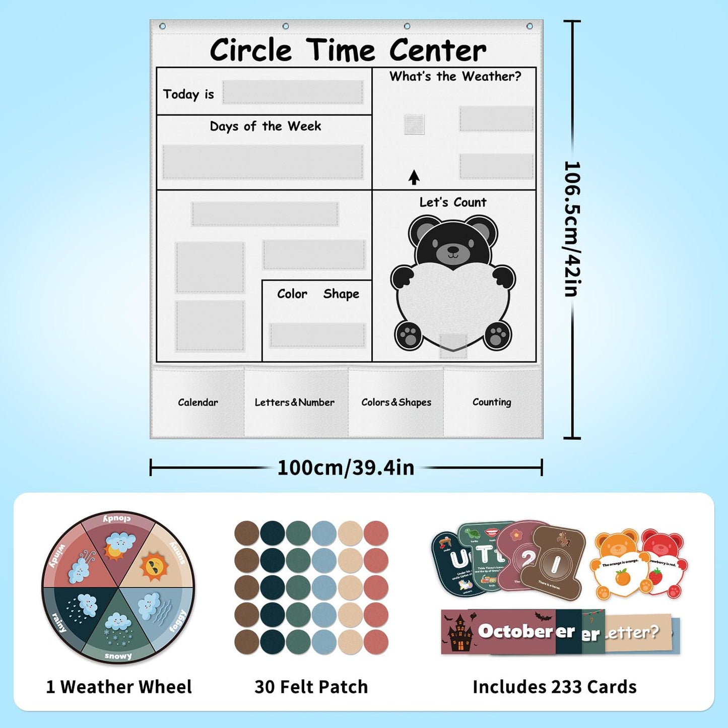 Circle Time Learning Center Pocket Chart for Classroom, Dry Erase Alphabet & Number Flash Cards, Write ABC Letter Tracing Writing Practice Games for Kids, Learning Weather Counting Color Shape
