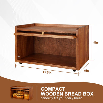 OCSERMIR Wooden Bread Box for Kitchen Countertop, Daily Bread Storage for Clutter-Free Counters, Flat Top Bread Holder with Acrylic Door, Brown