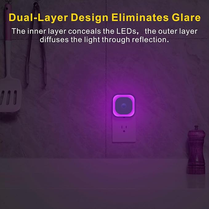 YUNLEX 2 Pack Plug in Night Light with Motion Sensor & Dusk to Dawn Sensor, 3 Sensor Modes, Purple Lights Plug into Wall, Dimmable Calming Glow for Meditation, Relaxation, Bathroom