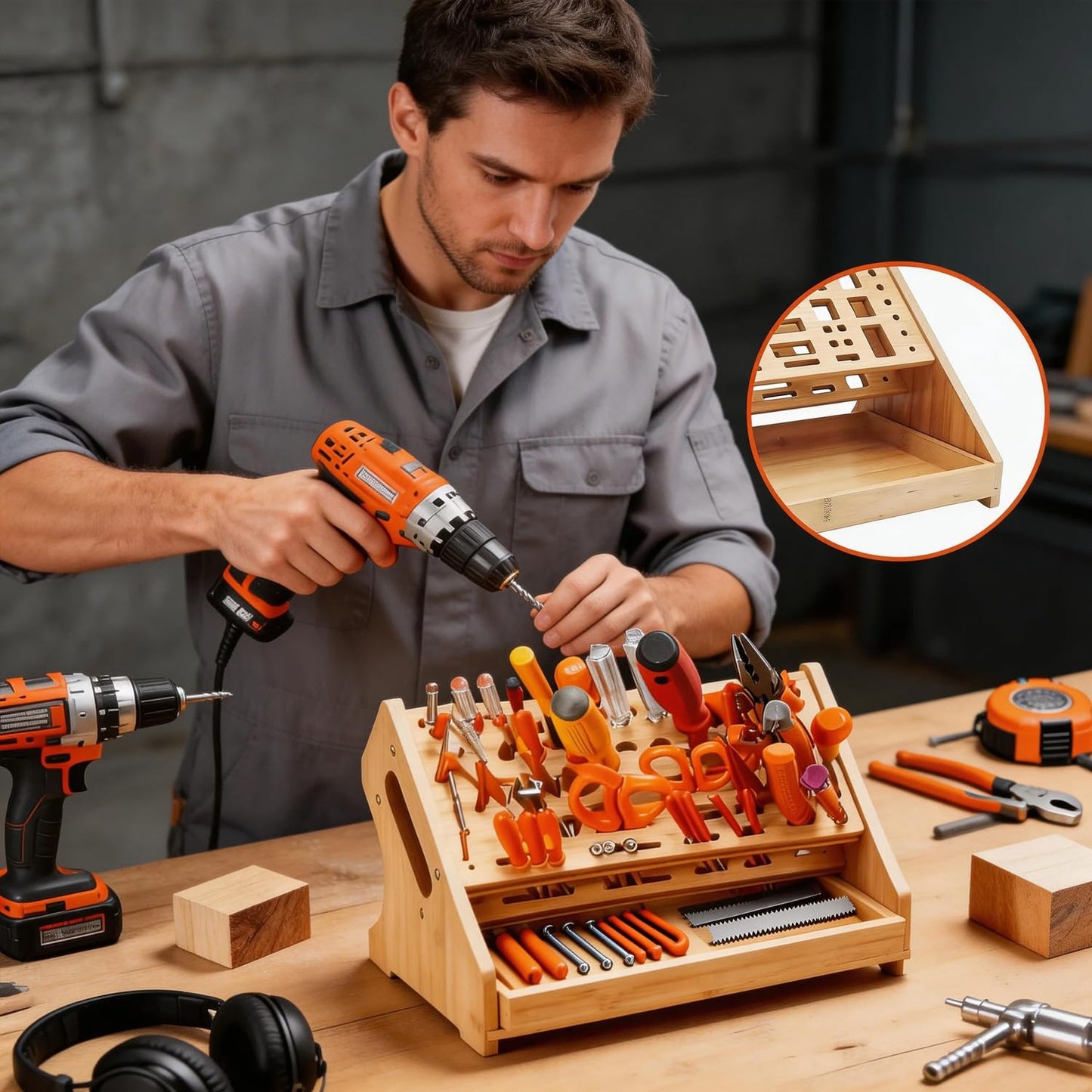 Bamboo Screwdriver Organizer, Multi-Purpose Tool Holder with Drawer, Wooden Screwdriver Storage Rack for Screwdrivers, Pliers, Wrenches, Hand Tools