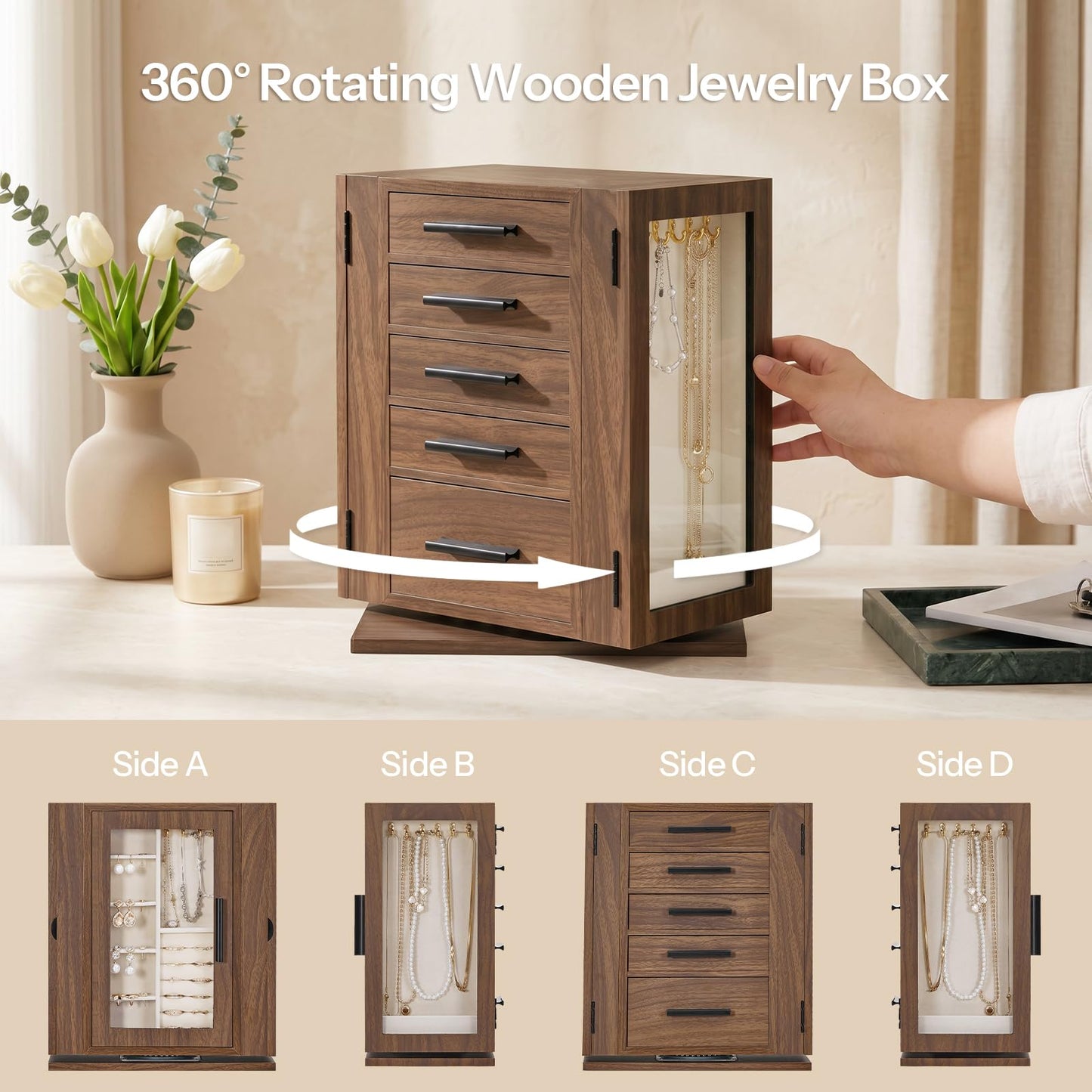 HOOBRO Jewelry Box for Women, Jewelry Organizer Box, 6-Tier Wooden Jewelry Box and 360° Rotating Jewelry Box, Wooden Jewelry Organizer Bundle, BH12JB04-BH30JB04