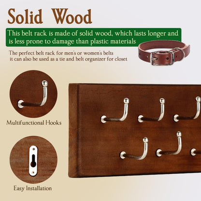 Treehouse Belt Organizer Rack, Holds Over 28 Large Belts, Sturdy Metal & Sturdy Wood Storage Holder for Closet, Versatile, Wall Mounted Belt & Tie Display Hanger for Bedroom - (Walnut) 4.25''Hx16''L