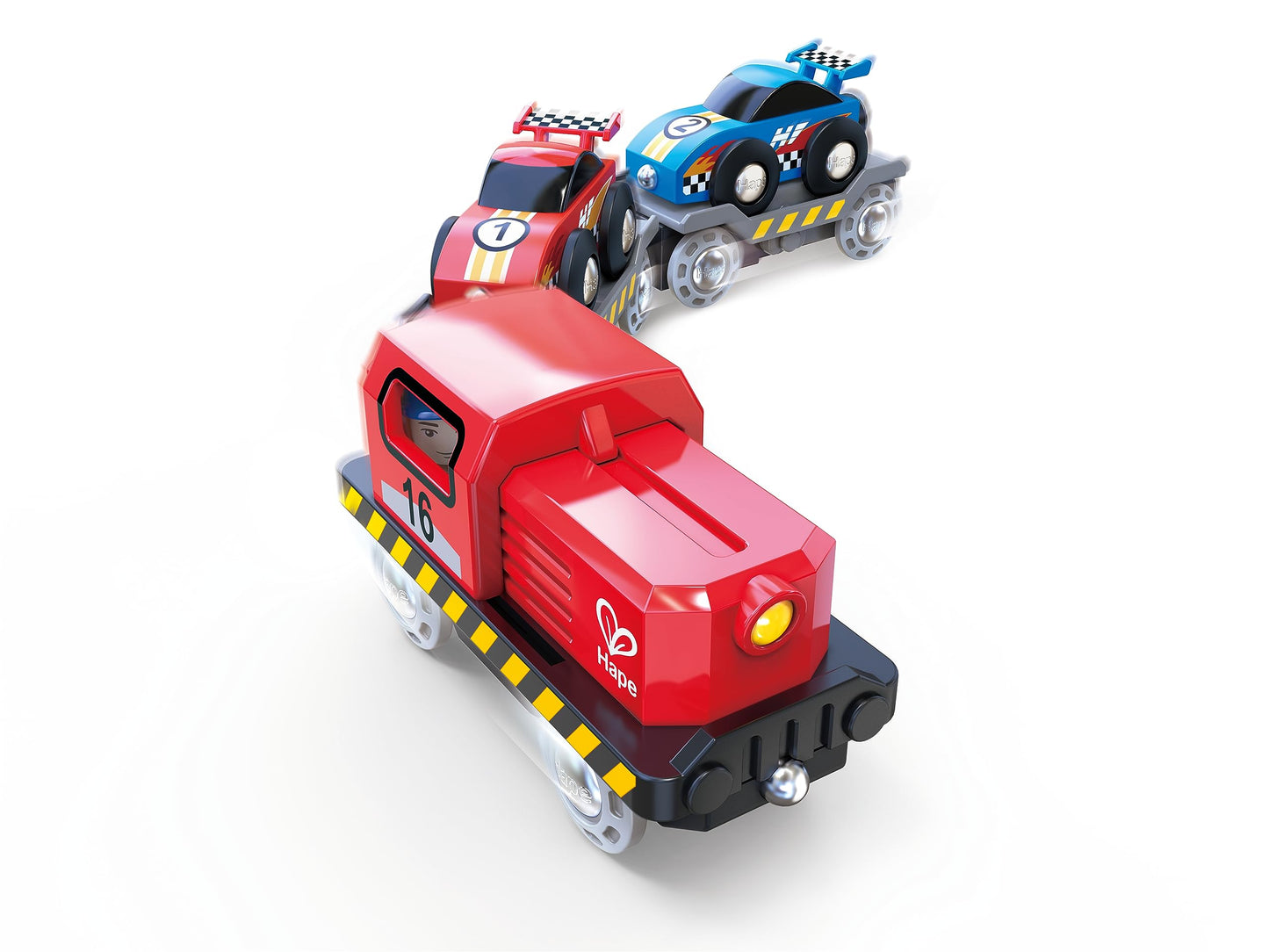 Hape Race Car Transporter | Six-Piece Wooden Toy Train Car Transport Set for Kids
