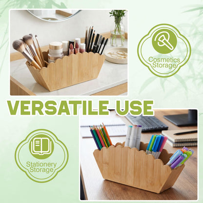 Jetec Scalloped Bamboo Wooden Pencil Holder, Desk Holder with 4 Slots for Desk Organizer Makeup Brushes Pens and Remote Storage Organizer for Office Bathroom
