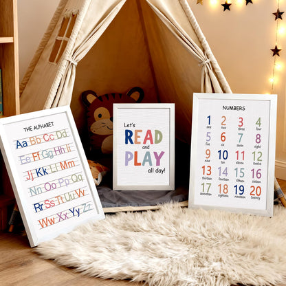 Cute Alphabet Numbers Framed Wall Art Set of 3, Boho Educational ABC Poster Wooden Sign for Baby Girl Kid Boy Toddlers, Neutral Preschool English Letters Nursery Decor for Homeschool Playroom Daycare