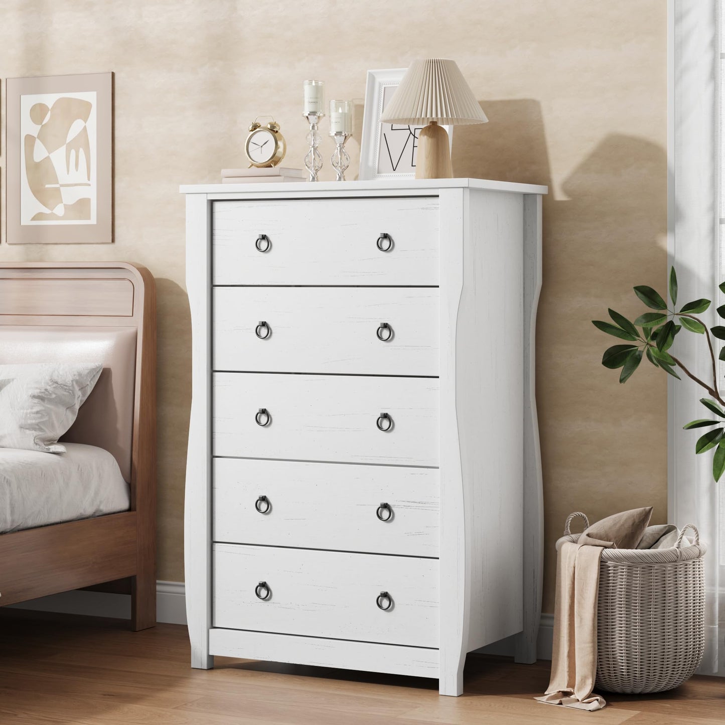 Garvee Nightstand for Bedroom, 5 Drawers & Wooden Top, Modern Bedside Table with Large Storage Space, Organizer Cabinet with Metal Ring Handles for Closet, Hallway, Entryway, White