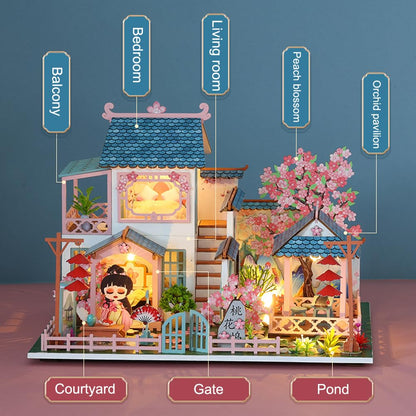 Yuzhen DIY Miniature Dollhouse with Furniture and LED Lights, Ancient Style Wooden Mini-House Includes Dustcover and Music Movement, Exquisite Home Decor