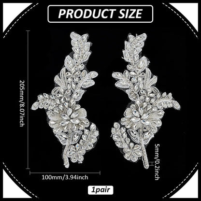 FINGERINSPIRE 2 PCS Handmade Beaded Crystal Patches Sparkly Sewing Floral Rhinestone Lace Applique Patch Clear Glass Rhinestones Embroidery Lace Patches for Wedding Dress Decoration Clothes Accessory