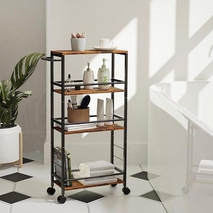 Slim Rolling Cart, 4-Tier Kitchen Storage Rolling Cart, Narrow Cart with Handle, Mobile Utility Cart for Small Space, Shelving Unit for Kitchen, Dining Room, Living Room, Home Office, Laundry Room