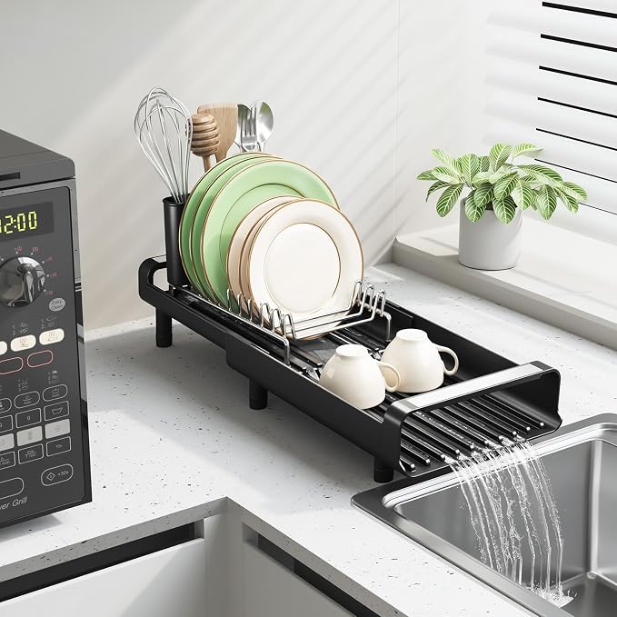 Small Dish Drying Rack, Mini Expandable Compact Dish Rack, Slim Extendable Stainless Steel Dish Drainer for Kitchen Plate Storage, Space Saving Dish Strainer in Sink or on Home Countertop, Matte Black