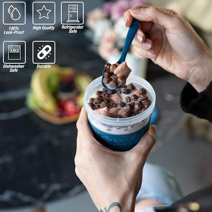 5 Pack On The Go Cereal Yogurt Cups with Lids and Spoon, Overnight Oats Container, Reusable Parfait Plastic Milk Jar Breakfast Crunch Granola Oatmeal Smoothie Snack Prep Bowl