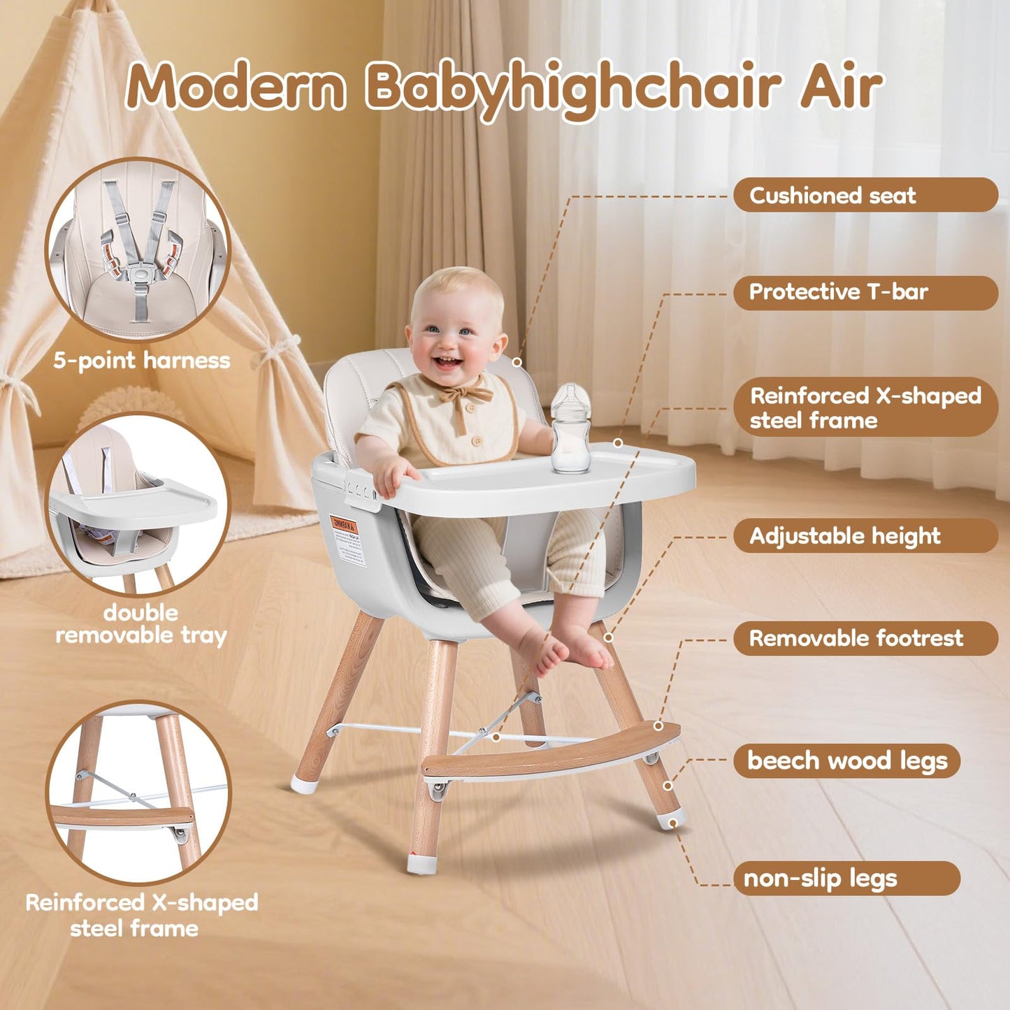 High Chairs for Babies and Toddlers,3 in 1 Convertible Wooden highchair, Baby High Chair with Adjustable Legs,5 Point Harness, Footrest, Dishwasher-Safe Tray & PU Leather Cushion, Beige